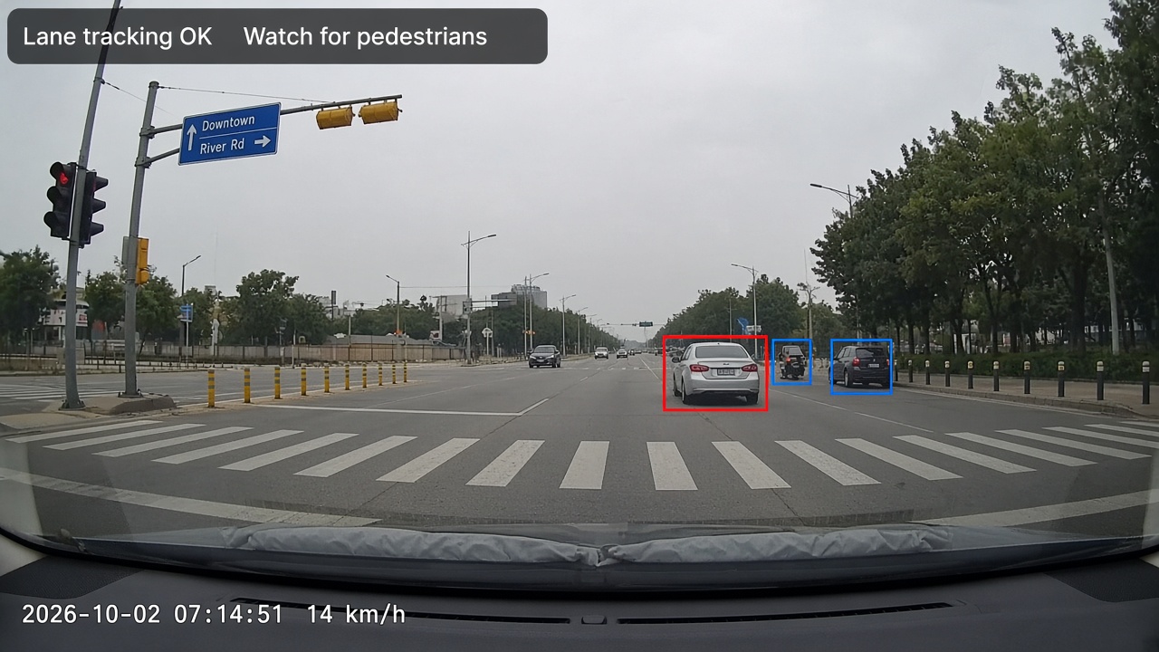 Forward camera frame showing a vehicle too close ahead