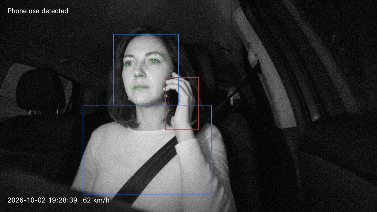 In-cab frame showing a driver holding a phone to the ear